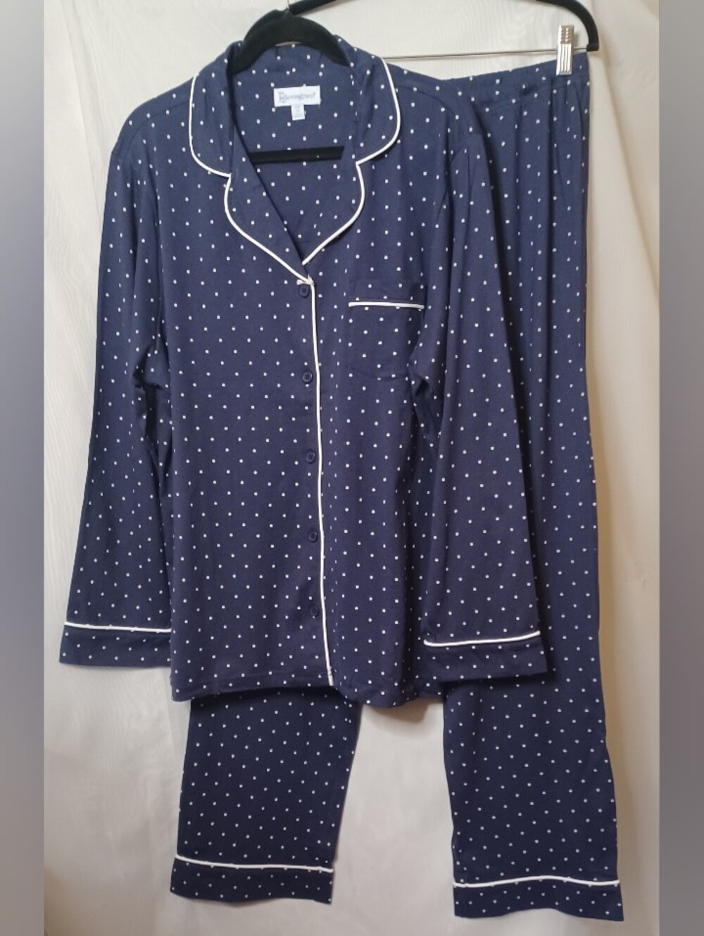 Pajamagram Navy Blue/White Polka Dot Pajama Top & Bottom. Size LG